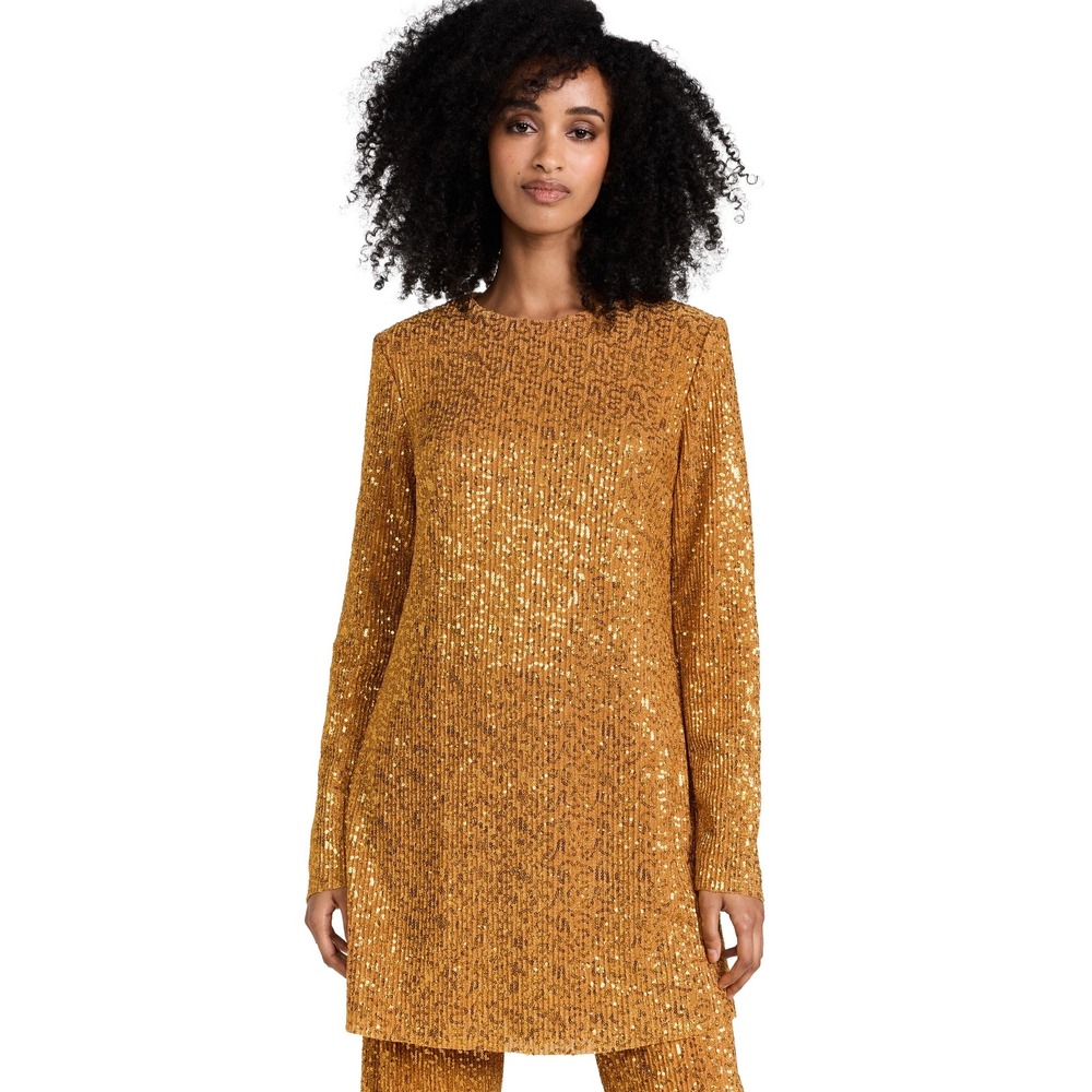 STINE GOYA Odis Gold Sequined Designer Plissé-Knitted Mini Dress XXS Long Sleeve